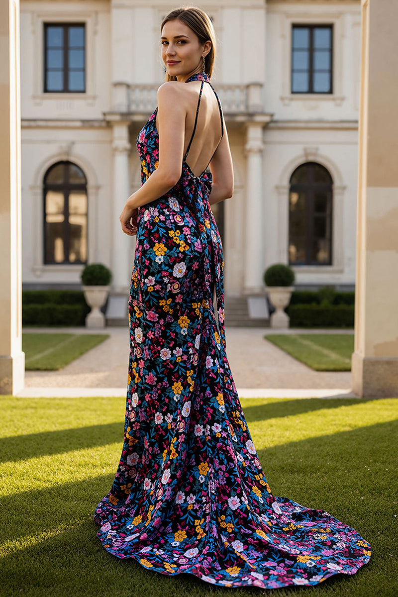 Laden Sie das Bild in den Galerie-Viewer, Neckholder Schwarze Blume Meerjungfrau Langes Ballkleid mit Schleife