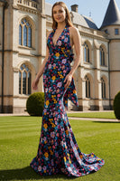 Laden Sie das Bild in den Galerie-Viewer, Neckholder Schwarze Blume Meerjungfrau Langes Ballkleid mit Schleife