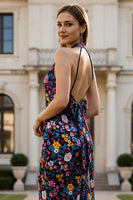 Laden Sie das Bild in den Galerie-Viewer, Neckholder Schwarze Blume Meerjungfrau Langes Ballkleid mit Schleife