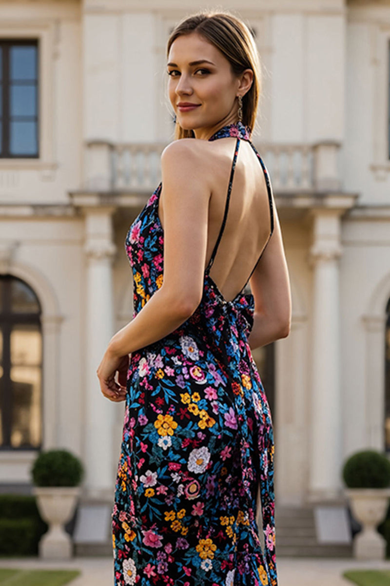 Laden Sie das Bild in den Galerie-Viewer, Neckholder Schwarze Blume Meerjungfrau Langes Ballkleid mit Schleife