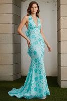 Laden Sie das Bild in den Galerie-Viewer, Grünes Langes Meerjungfrauen Muster Ballkleid mit Neckholder und Schleife