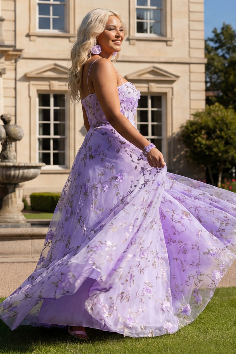 Laden Sie das Bild in den Galerie-Viewer, Flieder Blumen A-Linie Spaghetti-Träger Langes Ballkleid mit 3D-Blumen