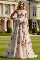 Laden Sie das Bild in den Galerie-Viewer, Elfenbein Blumen A-Linie Korsett Schnürung hinten Langes Ballkleid mit Schleife