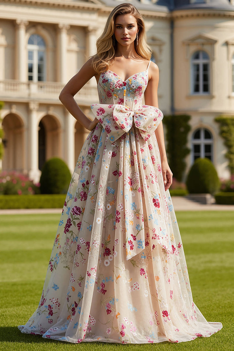 Laden Sie das Bild in den Galerie-Viewer, Elfenbein Blumen A-Linie Korsett Schnürung hinten Langes Ballkleid mit Schleife