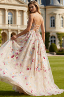 Laden Sie das Bild in den Galerie-Viewer, Elfenbein Blumen A-Linie Korsett Schnürung hinten Langes Ballkleid mit Schleife