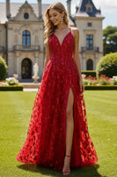 Laden Sie das Bild in den Galerie-Viewer, Rotes A-Linie Pailletten Langes Ballkleid mit Schlitz