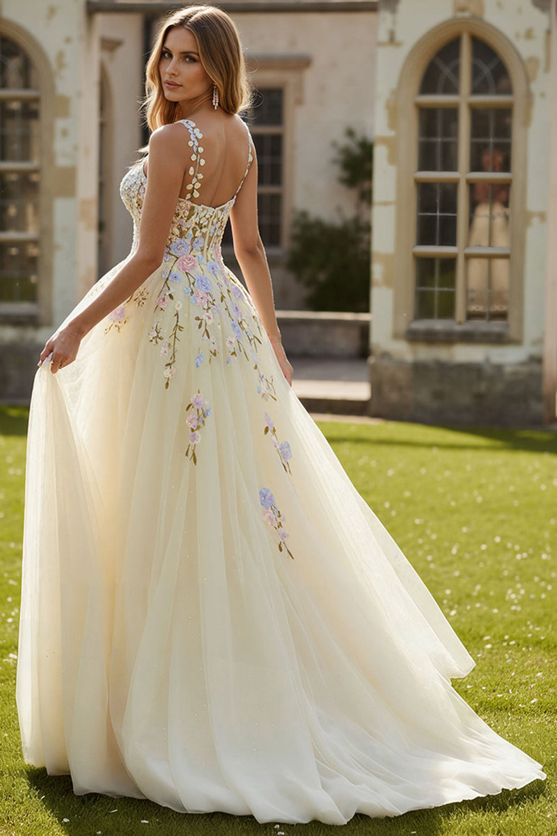 Laden Sie das Bild in den Galerie-Viewer, Hellgelbes A-Linie Spaghettiträger Besticktes Tüll Langes Ballkleid