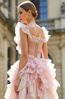 Laden Sie das Bild in den Galerie-Viewer, Blush Blumen Rüschen A-Linie Ausgeschnittenes Langes Ballkleid mit Schleifen