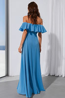 Laden Sie das Bild in den Galerie-Viewer, Blaues Schulterloses Rüschen Muster Langes Brautjungfernkleid mit Schlitz