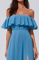 Laden Sie das Bild in den Galerie-Viewer, Blaues Schulterloses Rüschen Muster Langes Brautjungfernkleid mit Schlitz