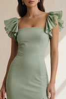 Laden Sie das Bild in den Galerie-Viewer, Staubiges Salbei Quadrathals Rüschen Scheide Langes Brautjungfernkleid mit Schlitz