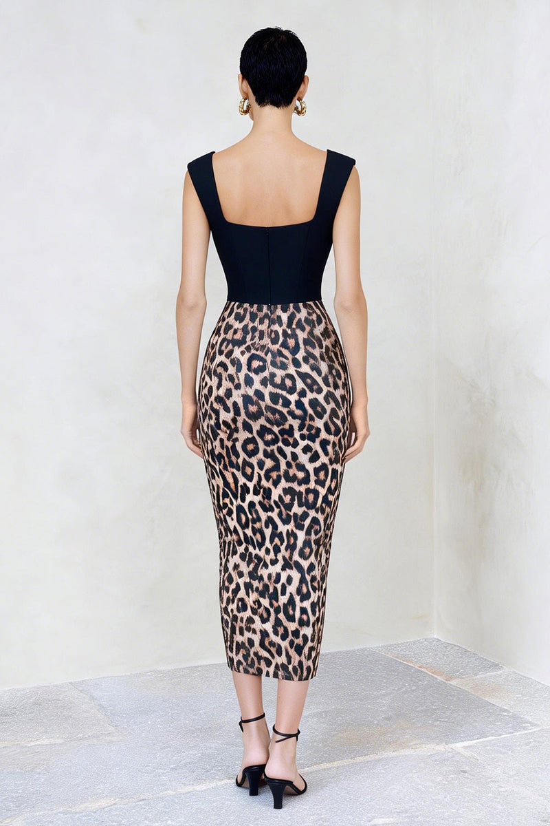 Laden Sie das Bild in den Galerie-Viewer, Schwarz-brauner Leoparden Quadrathals Bodycon Midi Arbeitskleid