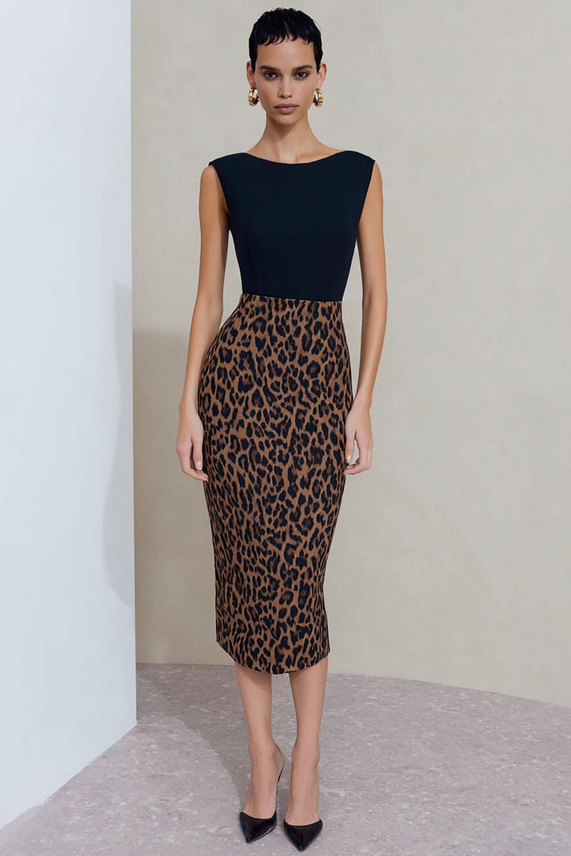Laden Sie das Bild in den Galerie-Viewer, Bodycon Schwarz Brauner Leopard Bootsausschnitt Midi Arbeitskleid mit Schlitz
