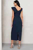 Laden Sie das Bild in den Galerie-Viewer, Marineblaues Gerafftes Satin Midi Arbeitskleid mit Schlitz