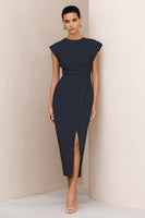 Laden Sie das Bild in den Galerie-Viewer, Marineblaues Rundhals Satin Bodycon Midi Arbeitskleid mit Schlitz