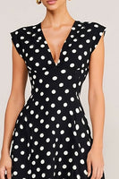 Laden Sie das Bild in den Galerie-Viewer, Schlichtes Schwarz-weiß Gepunktet A-Linie V-Ausschnitt Midi Arbeitskleid