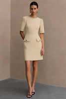 Laden Sie das Bild in den Galerie-Viewer, Elfenbein Satin Rundhals Bodycon Kurzes Arbeitskleid mit Taschen