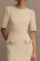 Laden Sie das Bild in den Galerie-Viewer, Elfenbein Satin Rundhals Bodycon Kurzes Arbeitskleid mit Taschen