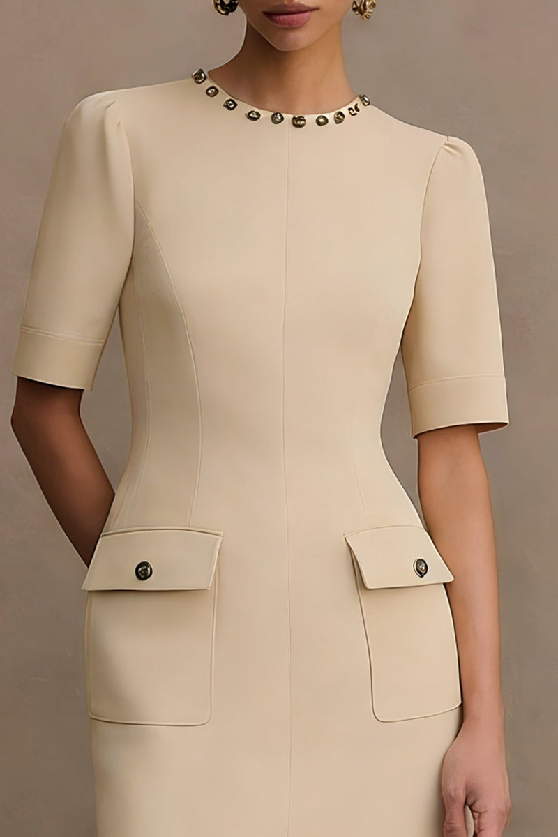 Laden Sie das Bild in den Galerie-Viewer, Elfenbein Satin Rundhals Bodycon Kurzes Arbeitskleid mit Taschen