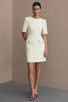 Laden Sie das Bild in den Galerie-Viewer, Elfenbein Satin Rundhals Bodycon Kurzes Arbeitskleid mit Taschen