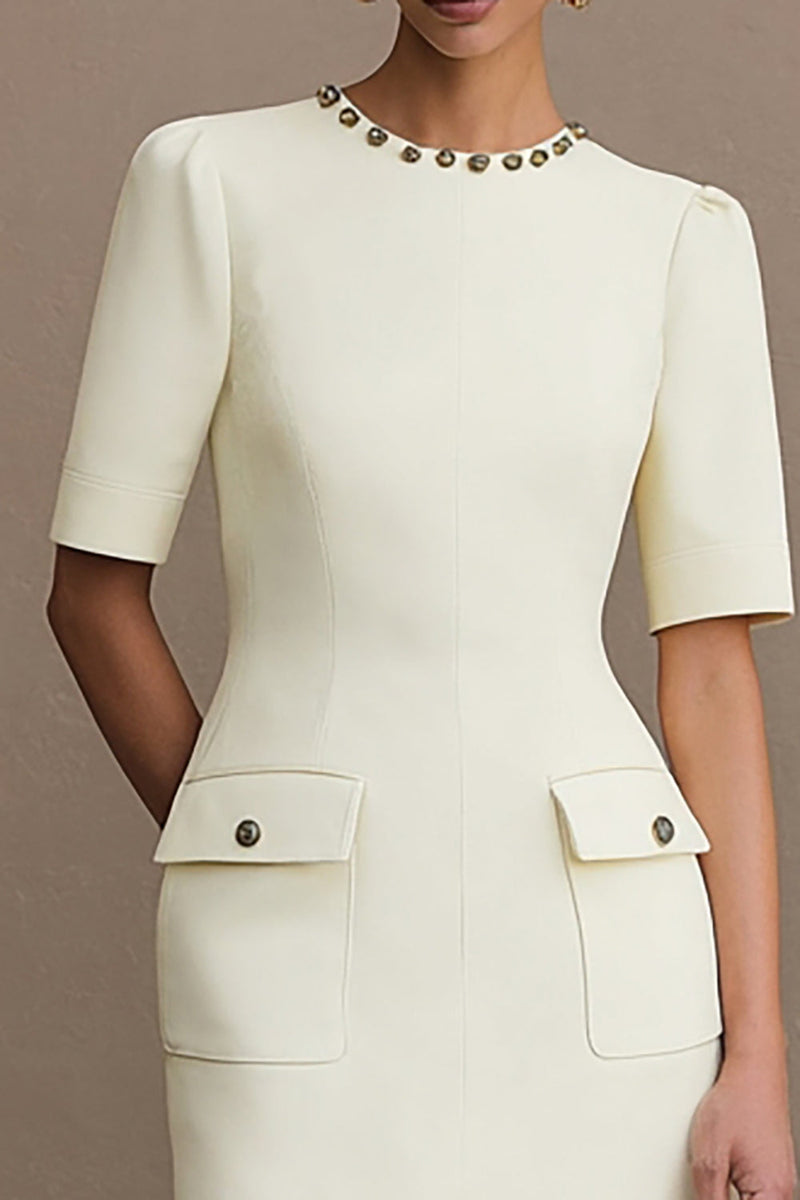 Laden Sie das Bild in den Galerie-Viewer, Elfenbein Satin Rundhals Bodycon Kurzes Arbeitskleid mit Taschen