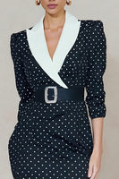 Laden Sie das Bild in den Galerie-Viewer, Marineblau-weiße Punkte Peak Revers Bodycon Midi Arbeitskleid mit Gürtel
