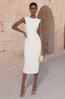 Laden Sie das Bild in den Galerie-Viewer, Elfenbein Satin- Rundhals Bodycon Doppelreih Midi Arbeitskleid