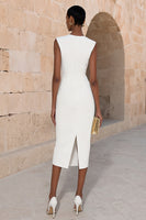 Laden Sie das Bild in den Galerie-Viewer, Elfenbein Satin- Rundhals Bodycon Doppelreih Midi Arbeitskleid