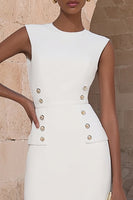 Laden Sie das Bild in den Galerie-Viewer, Elfenbein Satin- Rundhals Bodycon Doppelreih Midi Arbeitskleid