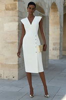 Laden Sie das Bild in den Galerie-Viewer, Elfenbein Satin V-Ausschnitt Bodycon Einreihiges Midi Arbeitskleid