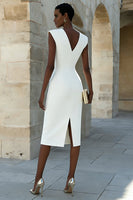 Laden Sie das Bild in den Galerie-Viewer, Elfenbein Satin V-Ausschnitt Bodycon Einreihiges Midi Arbeitskleid
