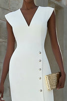 Laden Sie das Bild in den Galerie-Viewer, Elfenbein Satin V-Ausschnitt Bodycon Einreihiges Midi Arbeitskleid