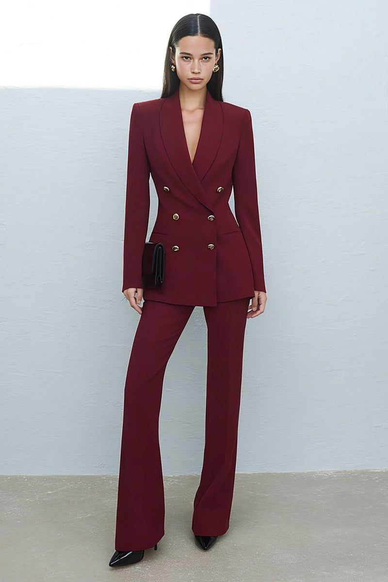 Laden Sie das Bild in den Galerie-Viewer, Burgunderrote Zweiteilige Schal-Revers Damen Arbeitsanzüge