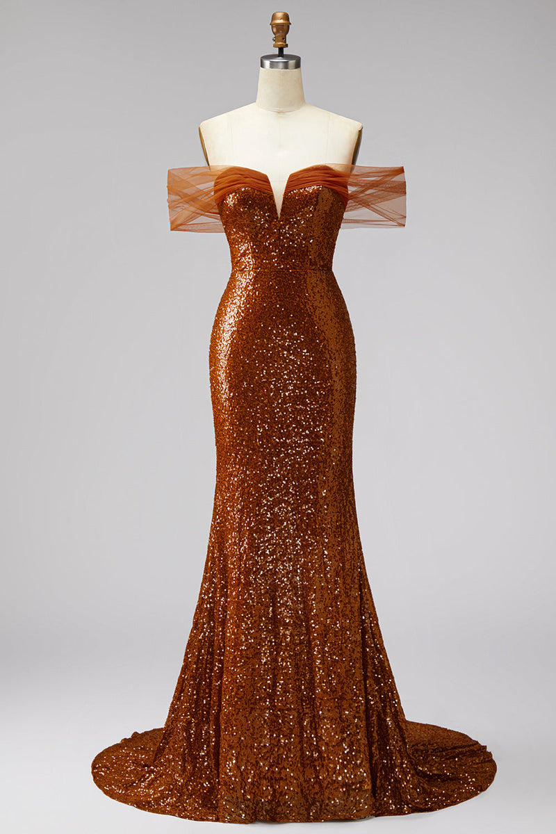 Laden Sie das Bild in den Galerie-Viewer, Bronze Meerjungfrauen Pailletten V-Ausschnitt Abschlussballkleid mit Sweep-Schleppe