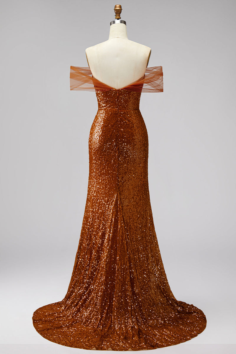 Laden Sie das Bild in den Galerie-Viewer, Bronze Meerjungfrauen Pailletten V-Ausschnitt Abschlussballkleid mit Sweep-Schleppe