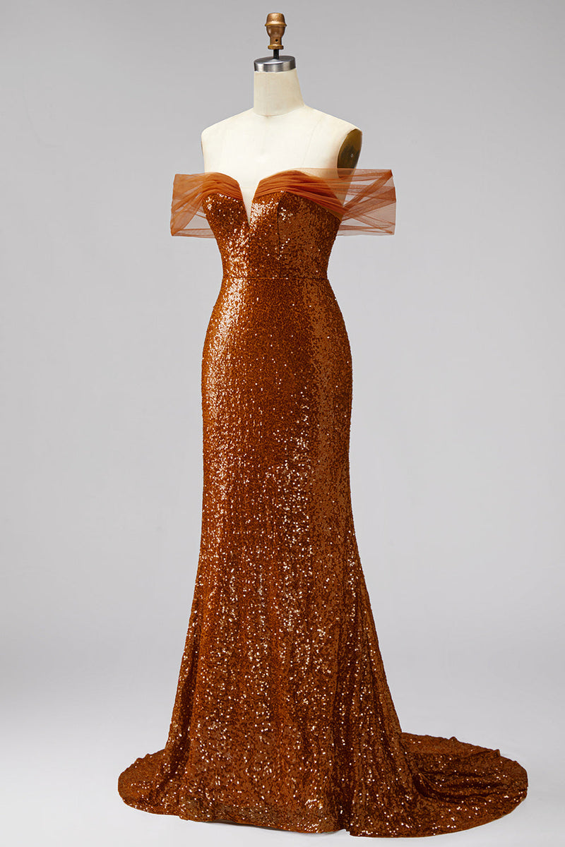 Laden Sie das Bild in den Galerie-Viewer, Bronze Meerjungfrauen Pailletten V-Ausschnitt Abschlussballkleid mit Sweep-Schleppe