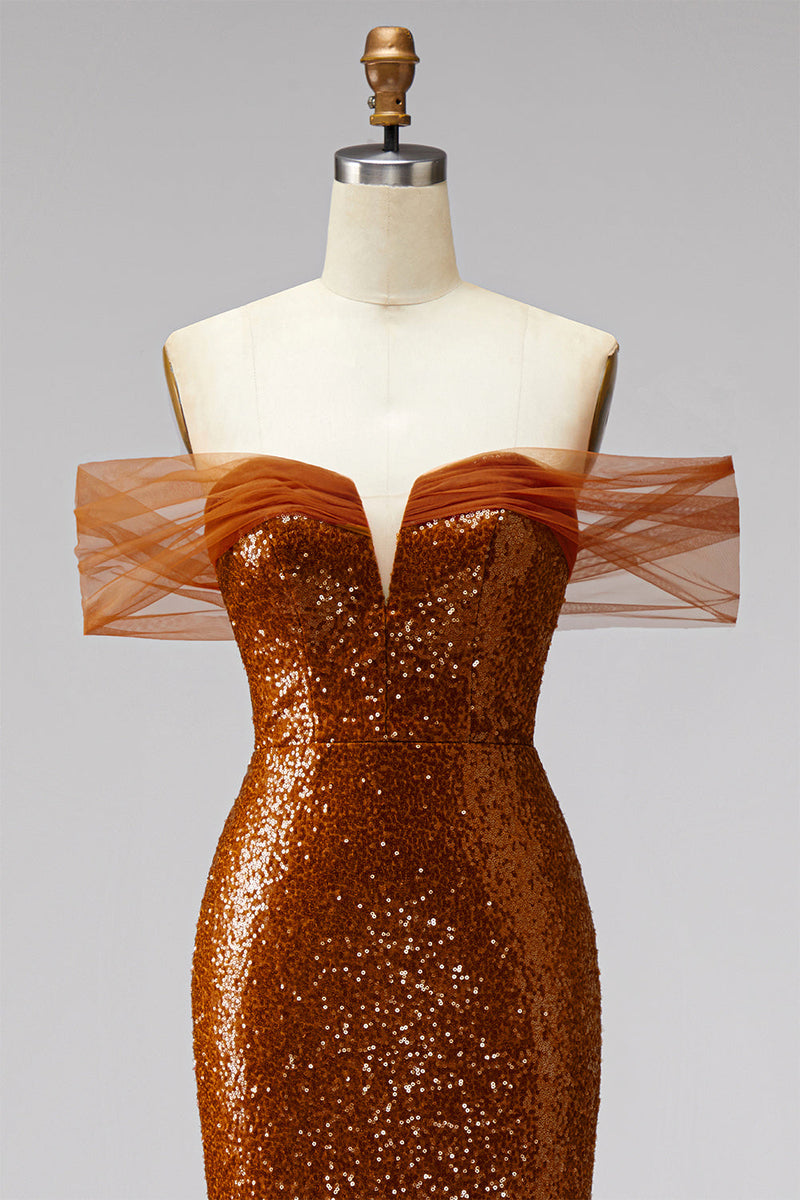 Laden Sie das Bild in den Galerie-Viewer, Bronze Meerjungfrauen Pailletten V-Ausschnitt Abschlussballkleid mit Sweep-Schleppe