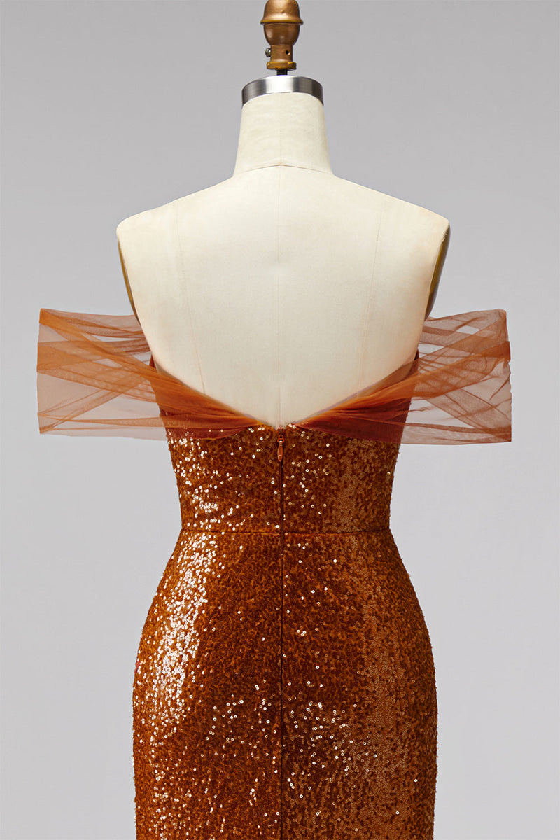 Laden Sie das Bild in den Galerie-Viewer, Bronze Meerjungfrauen Pailletten V-Ausschnitt Abschlussballkleid mit Sweep-Schleppe