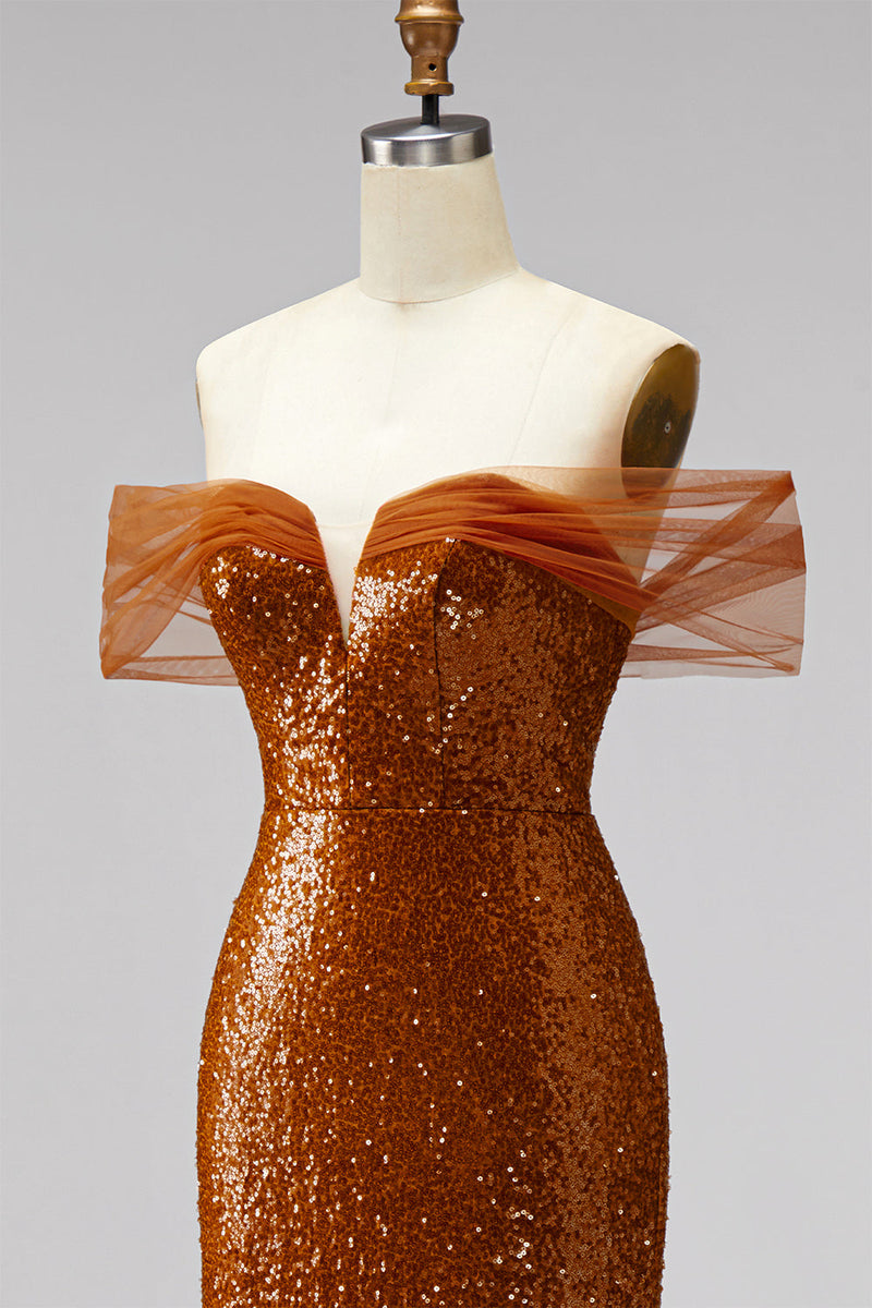 Laden Sie das Bild in den Galerie-Viewer, Bronze Meerjungfrauen Pailletten V-Ausschnitt Abschlussballkleid mit Sweep-Schleppe