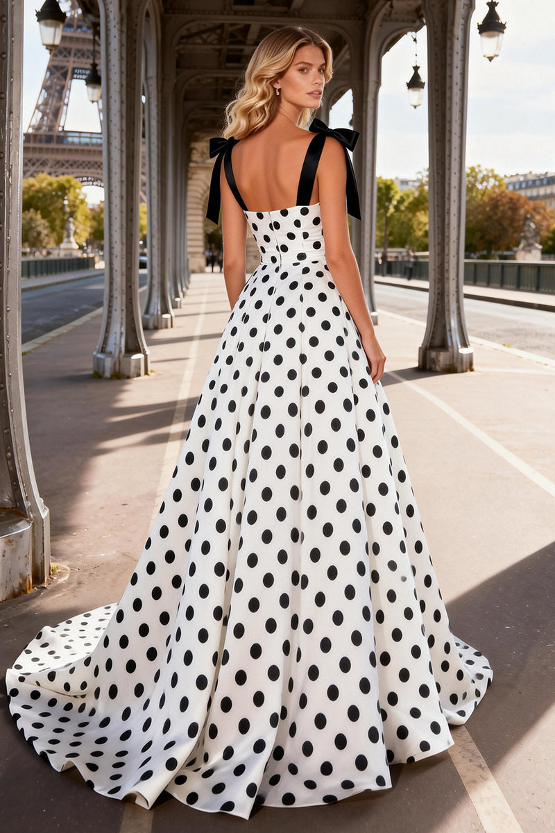 Laden Sie das Bild in den Galerie-Viewer, Schwarz-weiß Satin Punkte Langes Abschlussballkleid