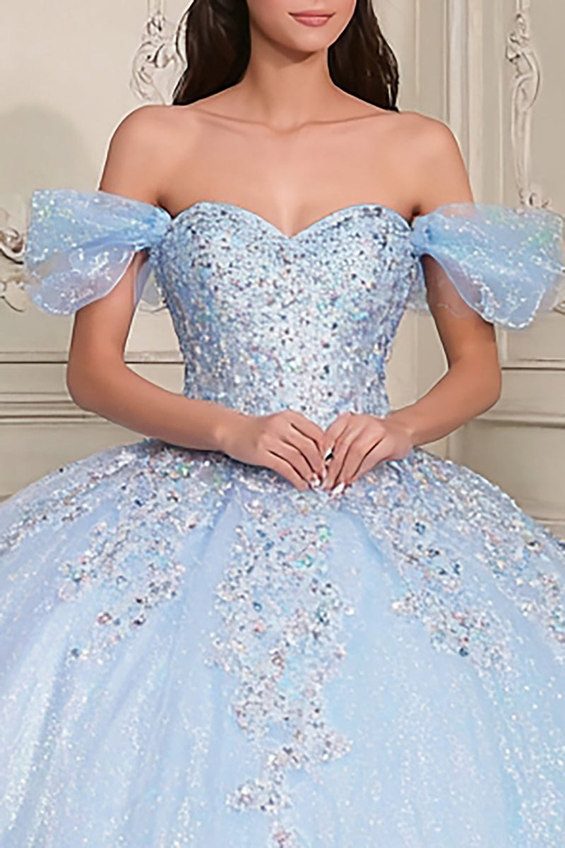 Laden Sie das Bild in den Galerie-Viewer, Himmelblaues Schulterfreies Ballkleid mit Appliquiertem Quinceanera Kleid