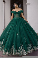 Laden Sie das Bild in den Galerie-Viewer, Schulterfreies Dunkelgrünes Ballkleid Korsett Quinceanera Kleid