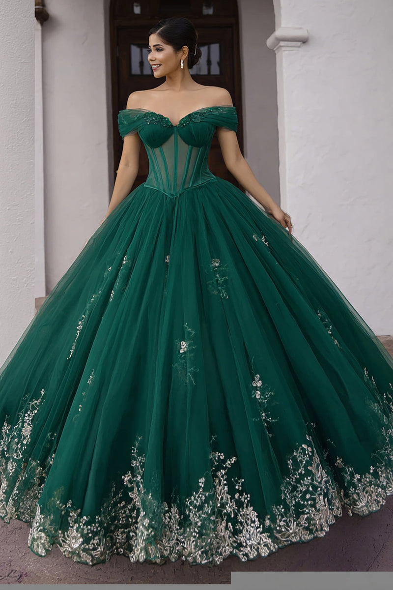 Laden Sie das Bild in den Galerie-Viewer, Schulterfreies Dunkelgrünes Ballkleid Korsett Quinceanera Kleid