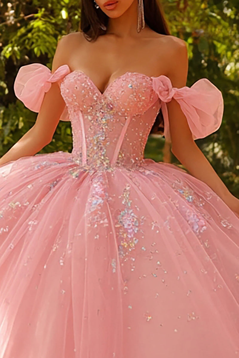 Laden Sie das Bild in den Galerie-Viewer, Glitzerndes Schulterfreies Rosa Ballkleid Quinceanera Kleid