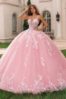 Laden Sie das Bild in den Galerie-Viewer, Rosa Spaghettiträger Ballkleid mit Applikation Quinceanera Kleid