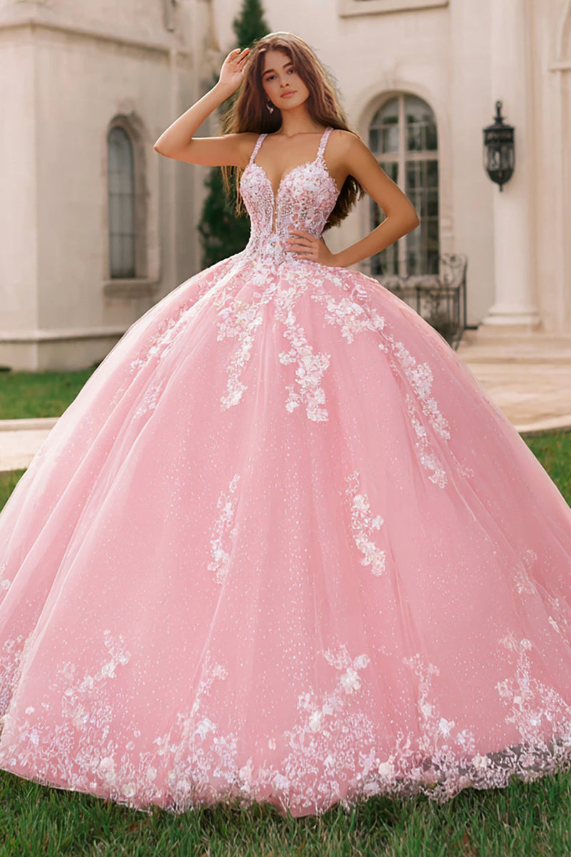Laden Sie das Bild in den Galerie-Viewer, Rosa Spaghettiträger Ballkleid mit Applikation Quinceanera Kleid