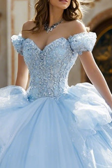 Schulterfreies Blaues Ballkleid mit Applikation und Rüschen Quinceanera Kleid