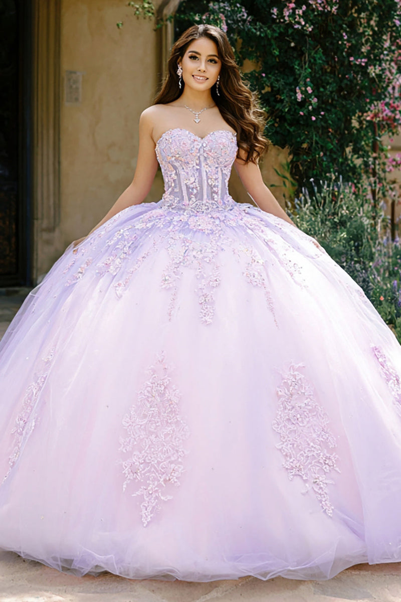 Laden Sie das Bild in den Galerie-Viewer, Trägerloses Lila Ballkleid Korsett Quinceanera Kleid