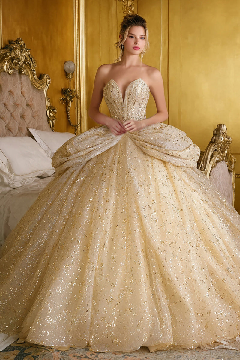 Laden Sie das Bild in den Galerie-Viewer, Glitzerndes Goldenes Trägerloses Ballkleid Quinceanera Kleid