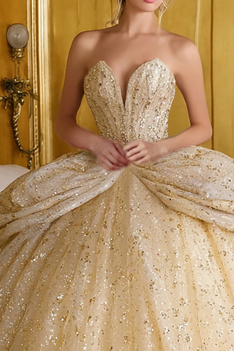 Laden Sie das Bild in den Galerie-Viewer, Glitzerndes Goldenes Trägerloses Ballkleid Quinceanera Kleid
